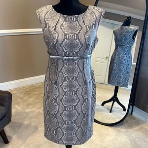 Calvin Klein sheath dress in gray snakeskin
